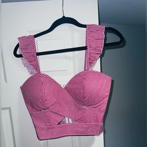 Plaid Red and White Ruffle Strap Crop Top